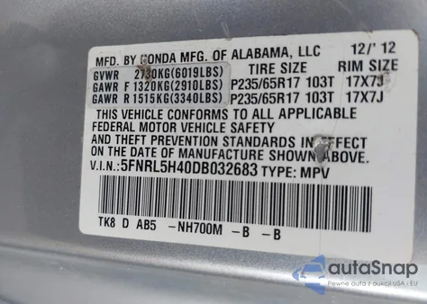 2013 Honda Odyssey Ex z USA, uszkodzony, nr VIN 5FNRL5H40DB032683
